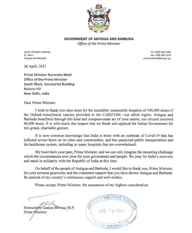 The Prime-Minister of Antigua & Barbuda- Gaston Browne wrote a letter to the Prime Minister of the Republic of India