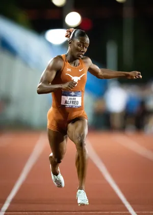 Alfred crosses finish line to win 200-meters at 2023 NCAA outdoor track and field championship. (Credits: Austin American Statesman)