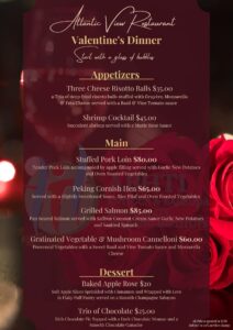 Menu for valentines dinner at Atlantic view restaurant, credits to ABHTI Facebook Page