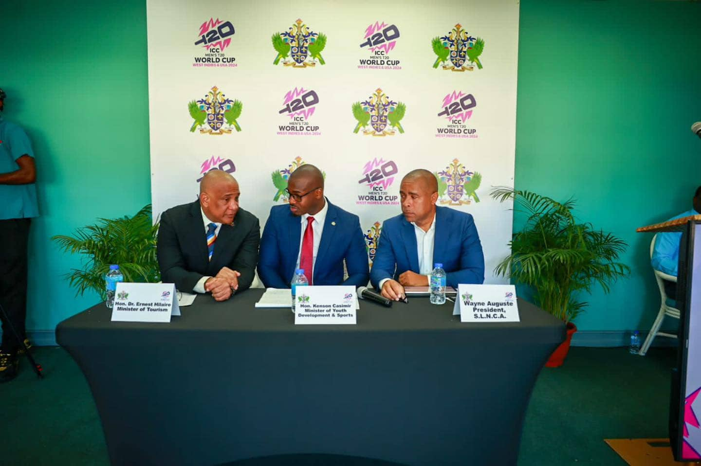 Minister Hilaire during the launch of ICC Men’s T20 World Cup 2024 logo. (Credits: Ernest Hilaire, Facebook)