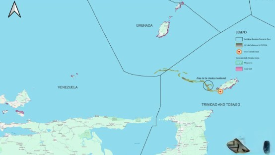 Map from TEMA showing the extent of oil-slick extending from the overturned vessel near Cove, Tobago. (Credits: Trinidad and Tobago Weather Centre, Facebook)