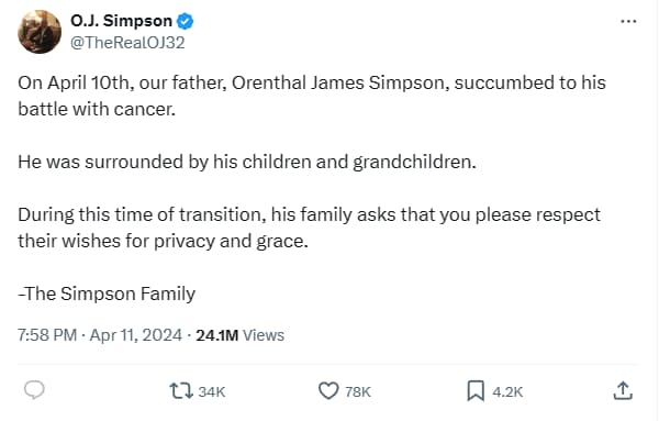 A twitter statement by the Family of O.J Simpson. (Credits: O.J. Simpson, Twitter)