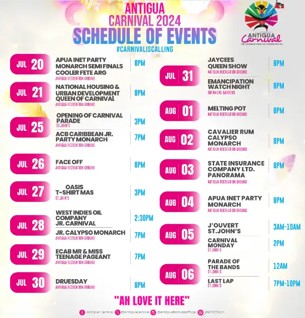 Schedule of Antigua Carnival 2024. Picture Credits: Fb accounts